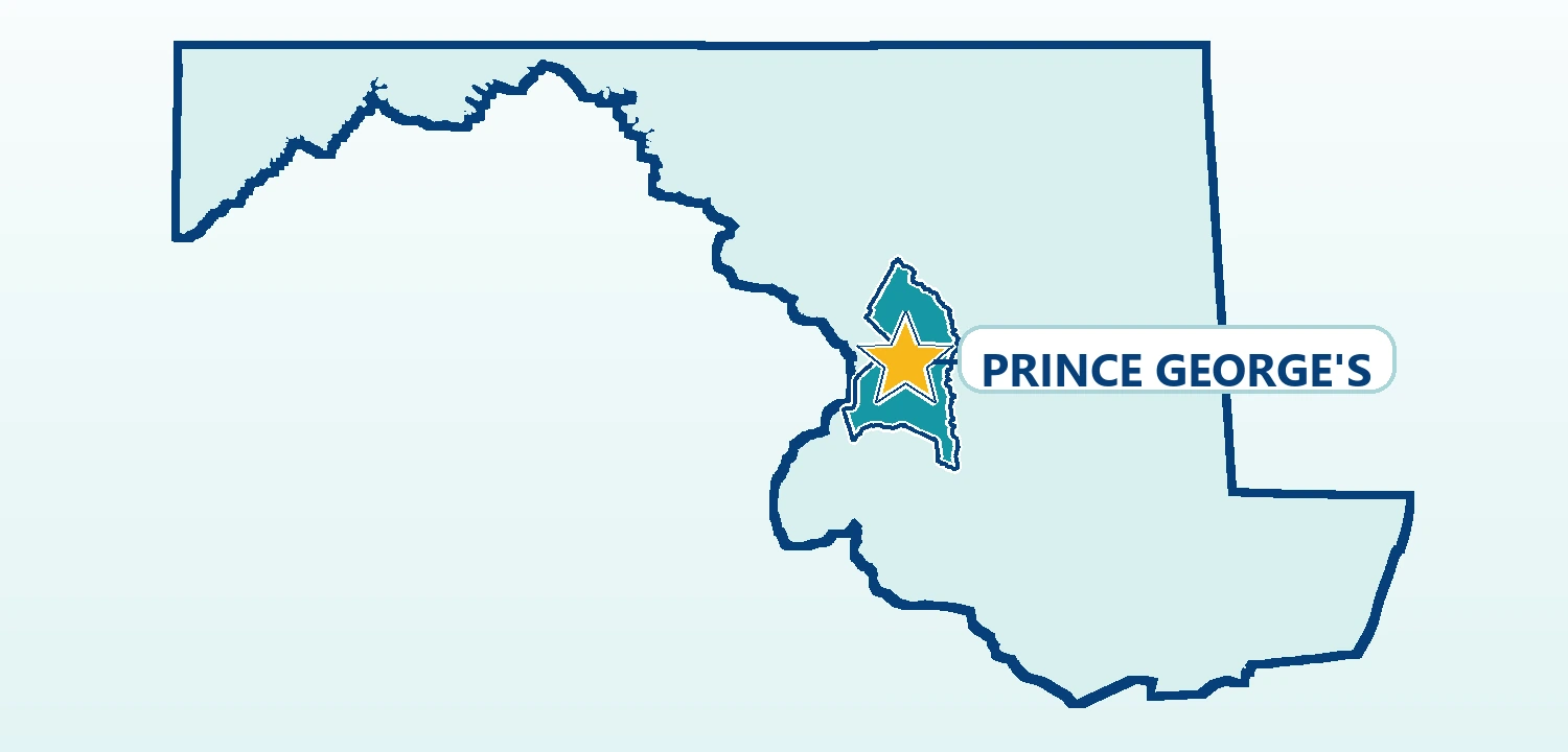Maryland map with Prince George's County outlined and marked by a star